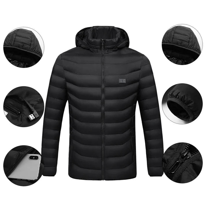 19-Zone Waterproof USB Heated Jacket with Hood | Unisex Electric Warming Coat for Winter & Outdoor Sports